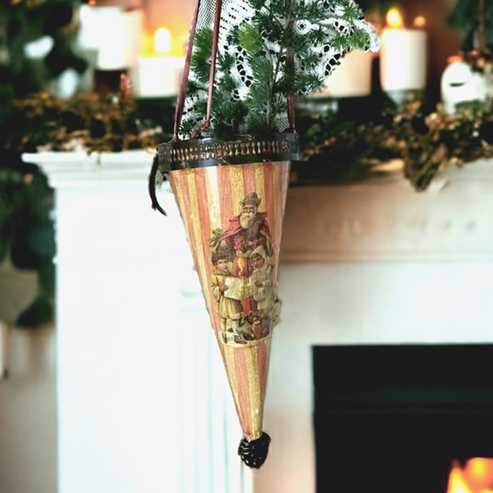 Vintage Tin Hanging Christmas Cornucopia Cone, Victorian style Saint Nicholas
